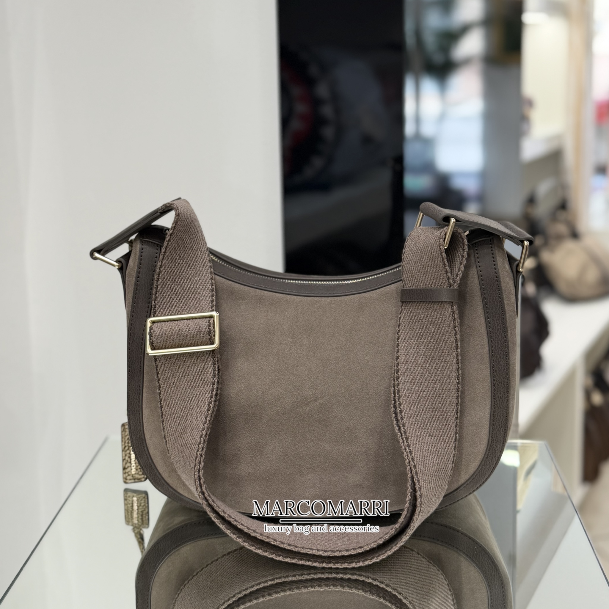 Borbonese Luna Bag Small in pelle scamosciata grey/cacao - immagine 5