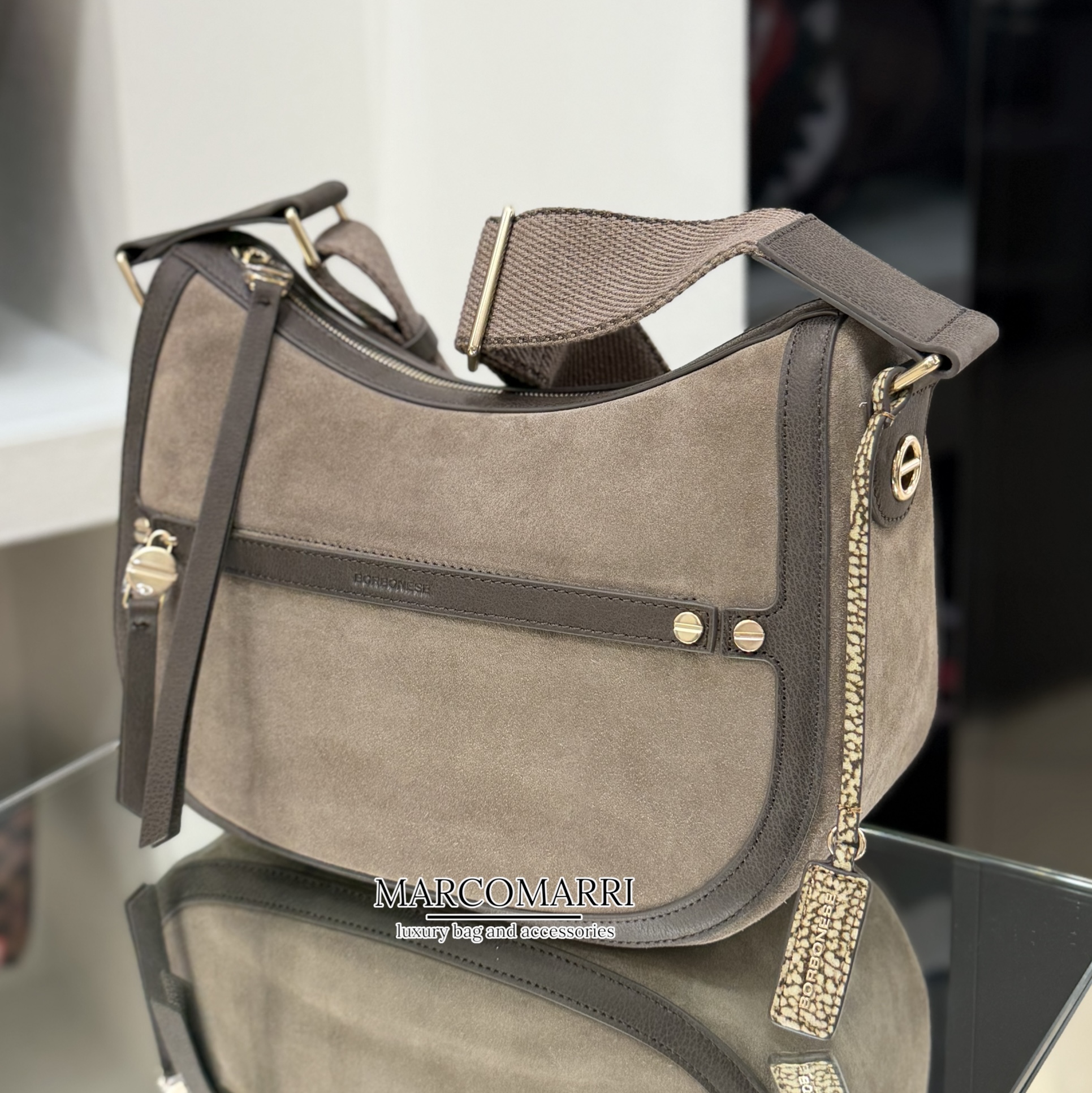 Borbonese Luna Bag Small in pelle scamosciata grey/cacao - immagine 3
