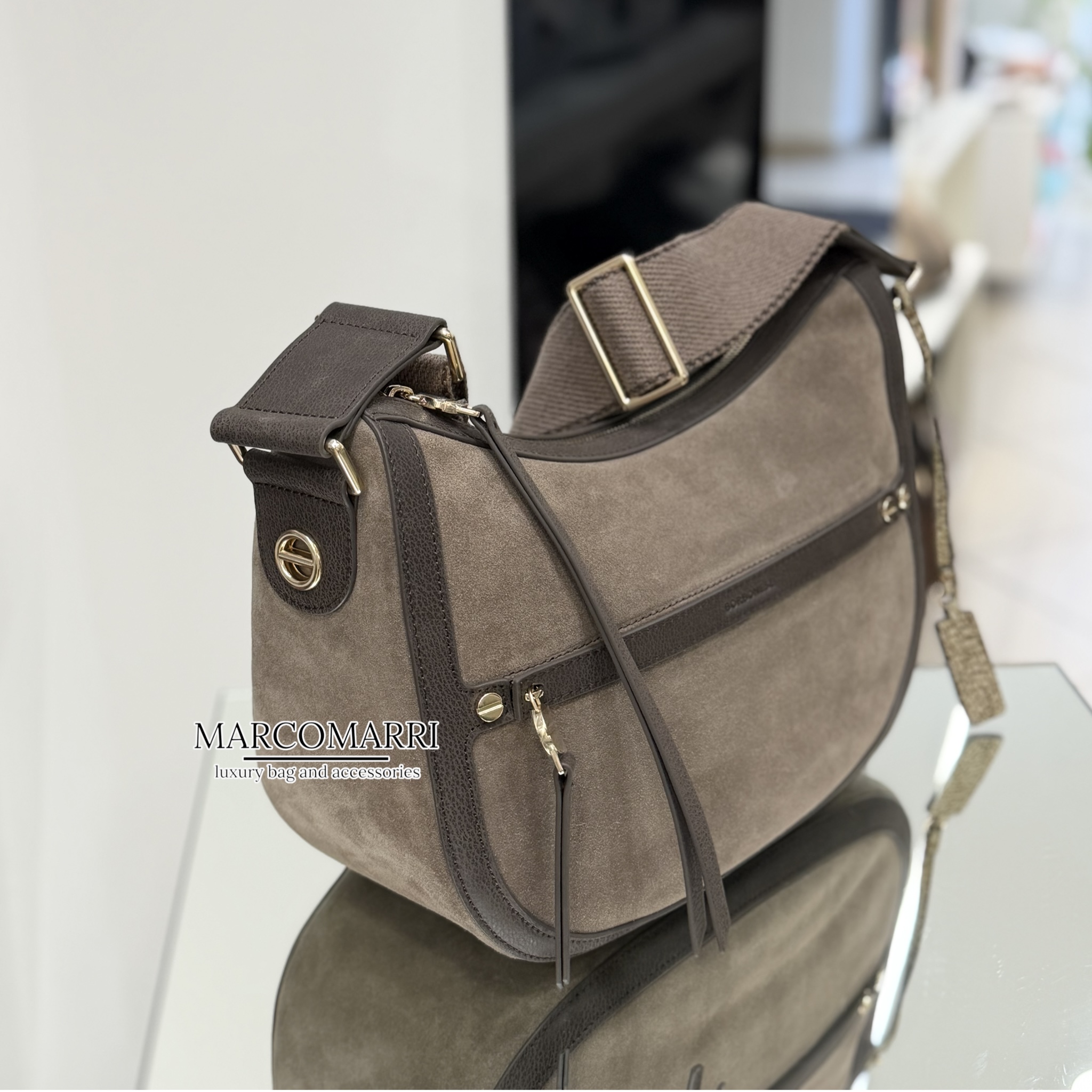 Borbonese Luna Bag Small in pelle scamosciata grey/cacao - immagine 2